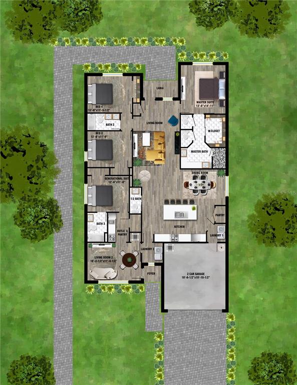 This is a floor plan of a single-story house featuring four bedrooms and a garage — 2659 TRAFALGAR BOULEVARD, KISSIMMEE, FL