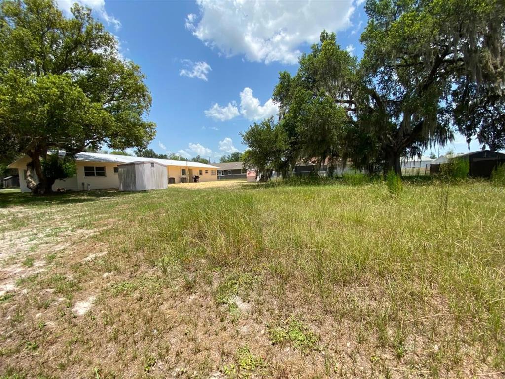 A grassy, open lot features mature oak trees and a small shed near a house — 0 BLUEJAY TERRACE, DADE CITY, FL