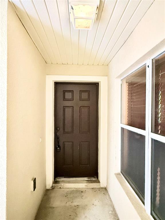 A covered entryway features a dark brown six-panel front door and a ceiling-mounted light fixture — 218 WINTER NELLIS CIRCLE, WINTER GARDEN, FL