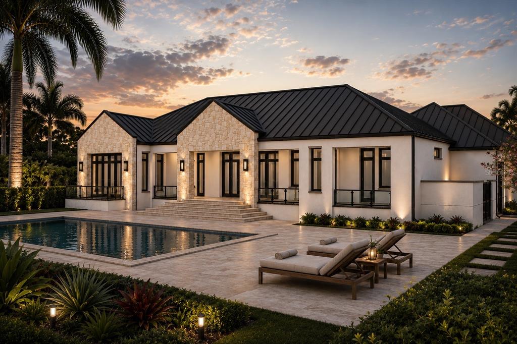 This is a rendering of a modern house exterior with a pool and stone facade — 215 LAKE BRANT DRIVE, LUTZ, FL