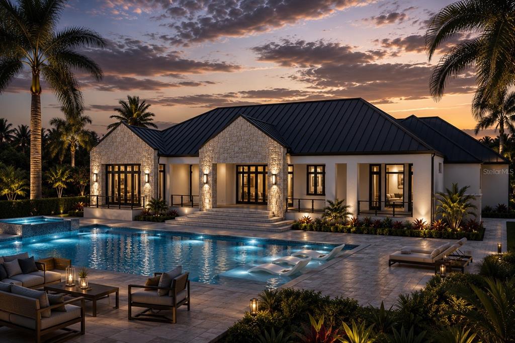 This is a rendering of a modern house exterior with a pool at sunset — 215 LAKE BRANT DRIVE, LUTZ, FL