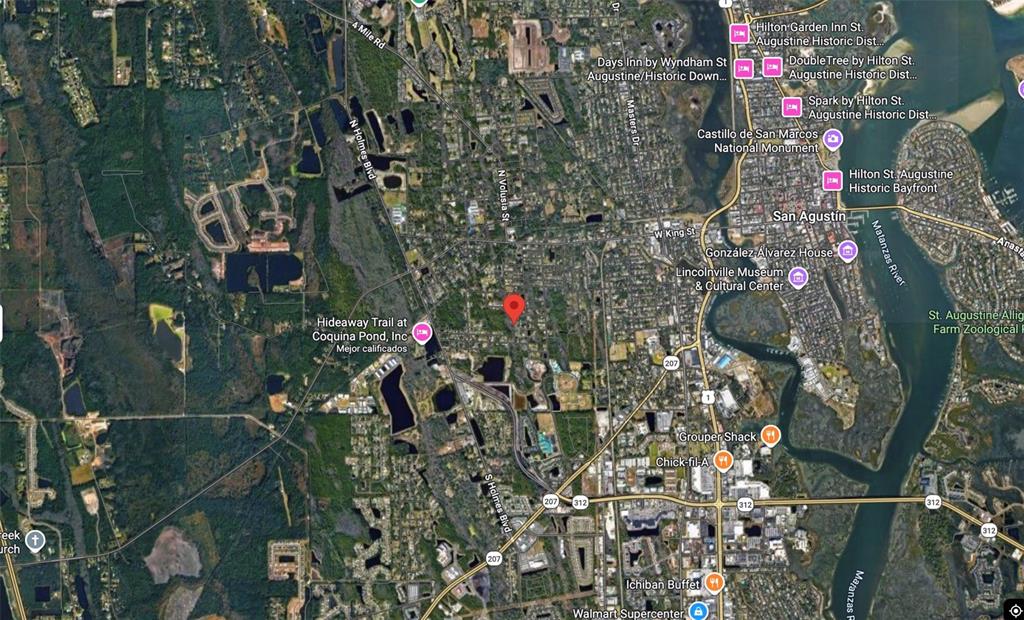 This is a satellite map view of an area in St. Augustine, Florida — 901 W 11TH STREET, ST AUGUSTINE, FL