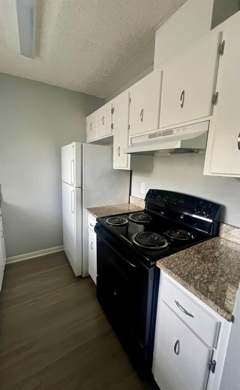 A kitchen features white cabinets, a black electric stove, a white refrigerator, and granite countertops — 709 OCEANSIDE CIRCLE UNIT 753, RUSKIN, FL