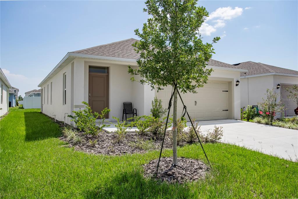 A single-story house with a beige exterior, a one-car garage, and a small front yard — 191 AMBERWOOD WAY, UMATILLA, FL
