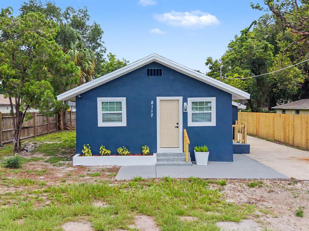 A blue single-story house with a white door, two windows, and a concrete front patio — 8117 N KLONDYKE STREET, TAMPA, FL