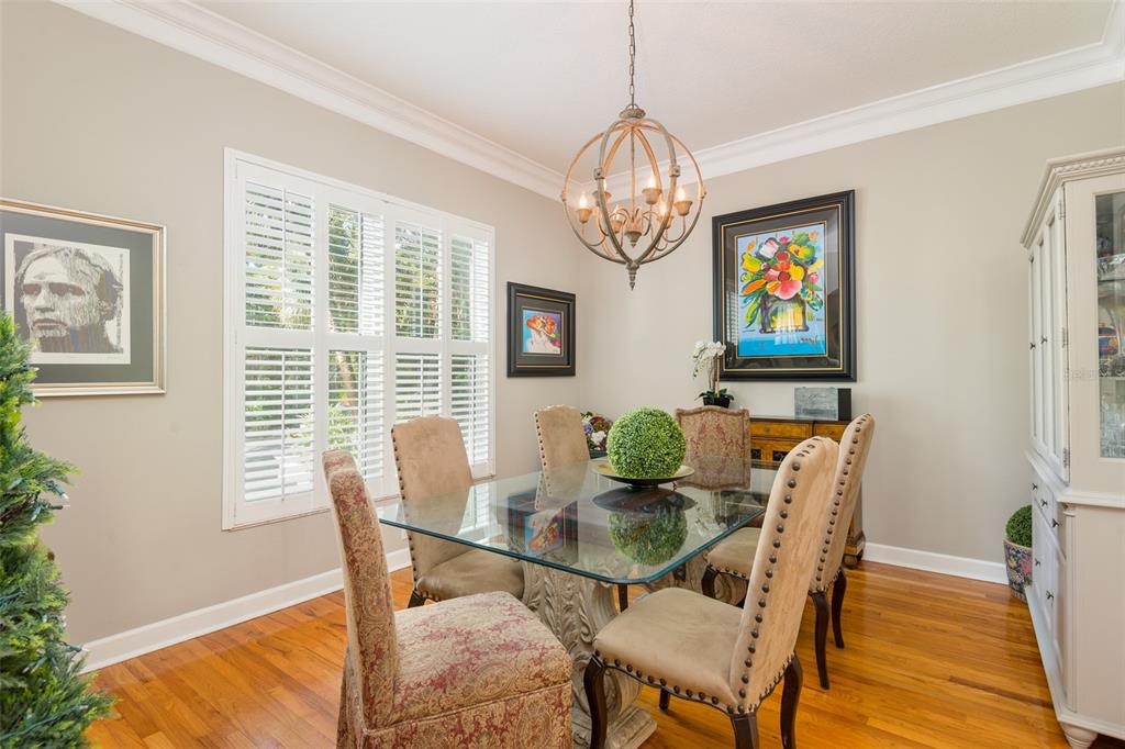A dining room features a glass-topped table, upholstered chairs, a chandelier, and hardwood floors — 4721 W SAN MIGUEL STREET, TAMPA, FL