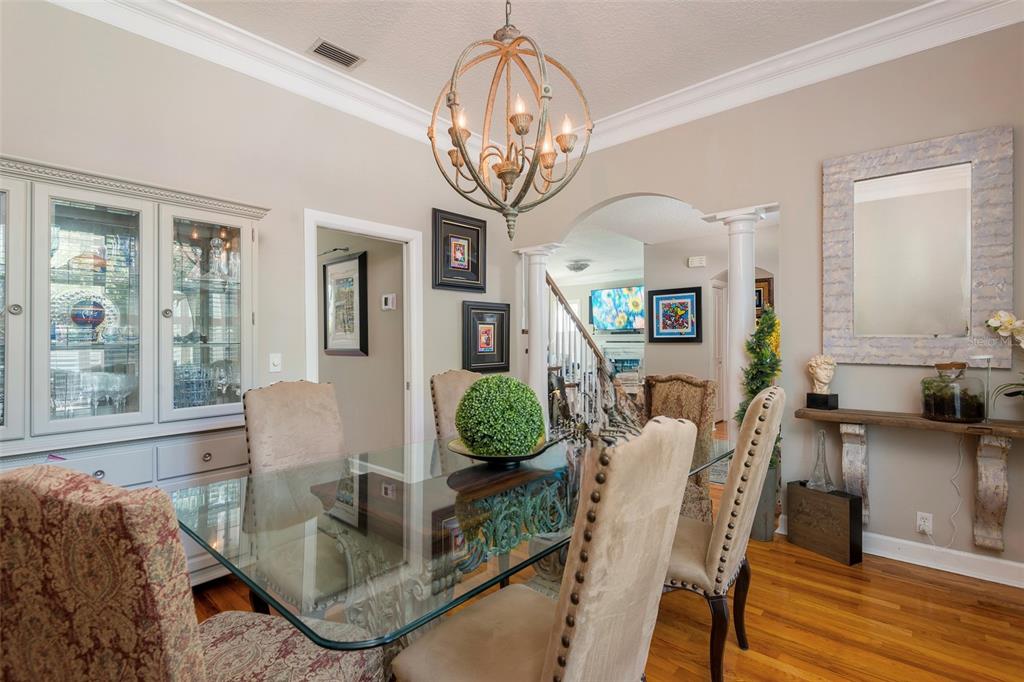 A dining room features a glass-top table, upholstered chairs, a chandelier, and a built-in cabinet — 4721 W SAN MIGUEL STREET, TAMPA, FL