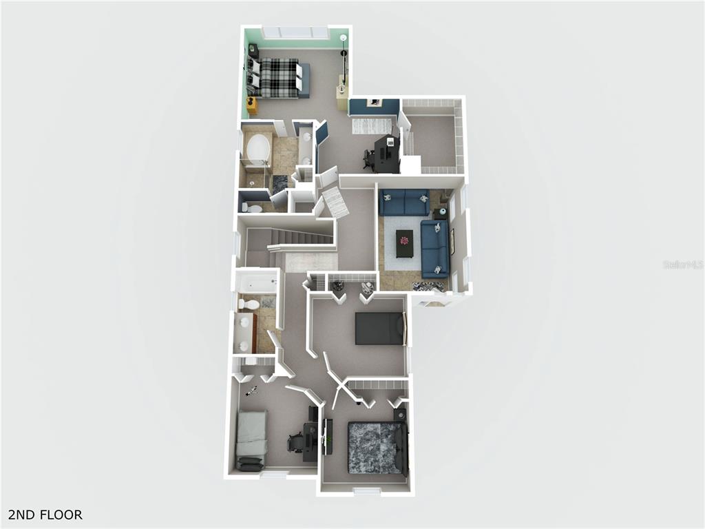 This is a 3D floor plan rendering of a residential second floor with multiple bedrooms — 5918 OAK MILL TERRACE, PALMETTO, FL