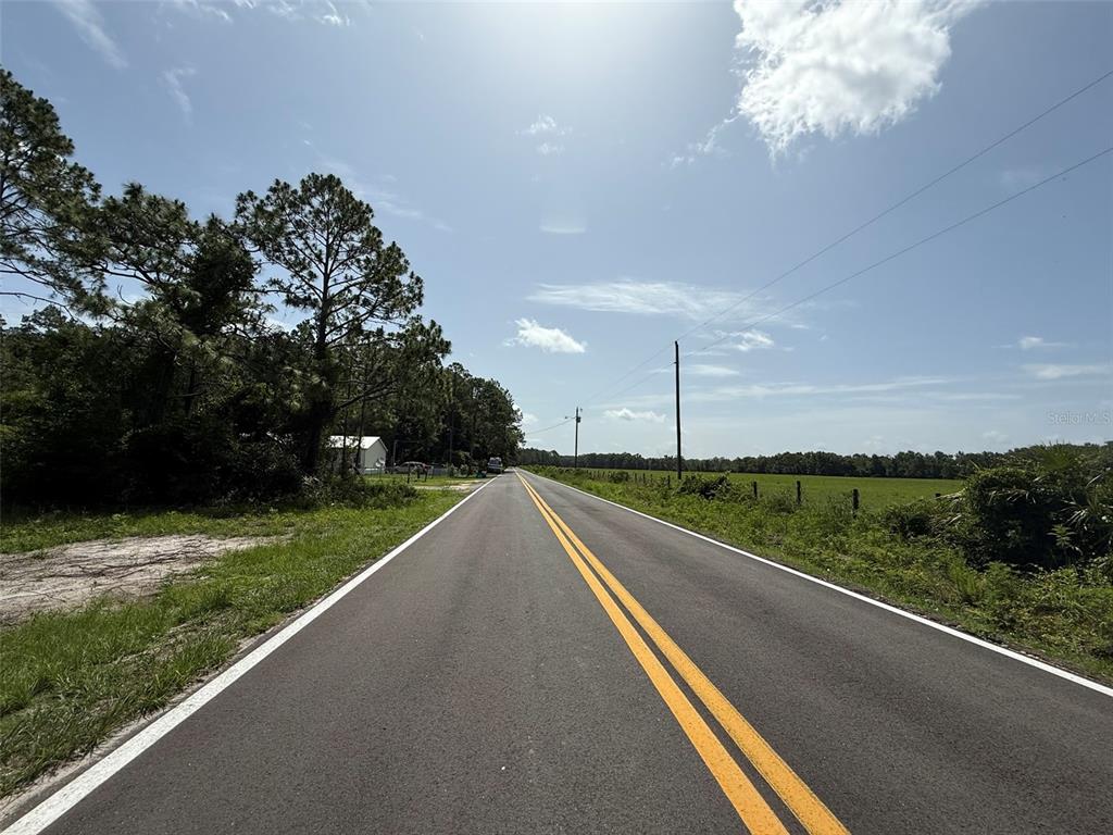 A paved two-lane road stretches into the distance between a wooded area and a field — 174 MILLICAN ROAD, PALATKA, FL