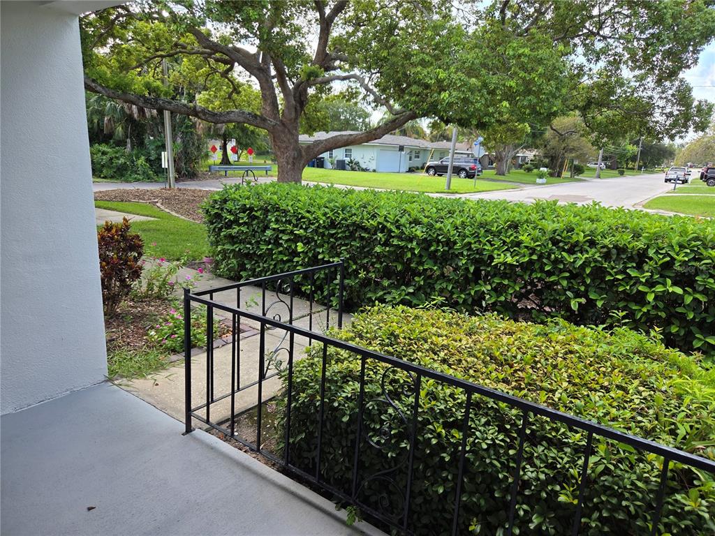 A view from a porch looking out over a sidewalk, a hedge, and a street — 2060 MARILYN STREET UNIT 118, CLEARWATER, FL