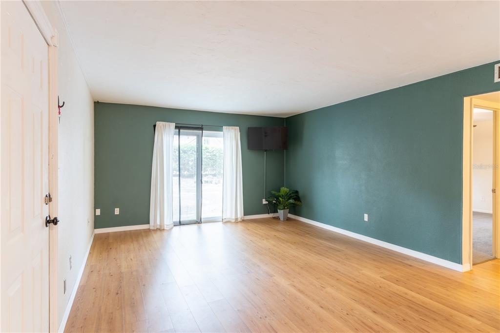 A living room features green walls, light wood-look flooring, and a sliding glass door — 507 NW 39TH ROAD UNIT 132, GAINESVILLE, FL