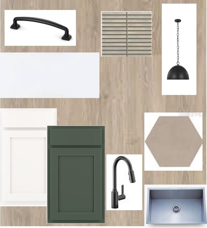 This design board displays kitchen finishes including cabinetry, hardware, lighting, tile, and a sink — 11808 FULL MOON LOOP, PARRISH, FL