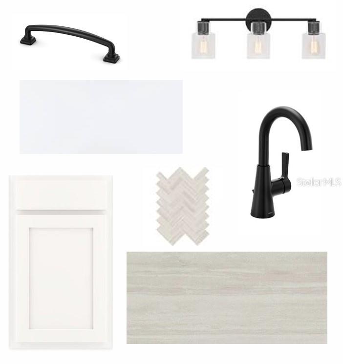 This design board displays a bathroom vanity palette featuring white cabinetry, matte black hardware, and tile — 11808 FULL MOON LOOP, PARRISH, FL