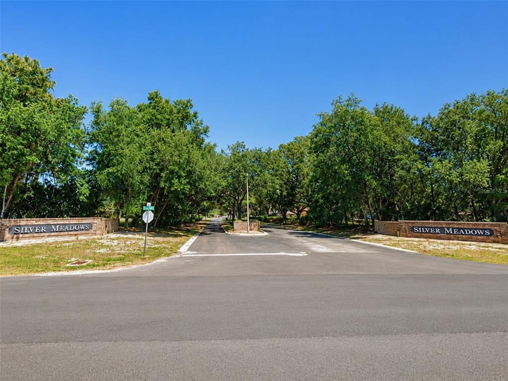 The entrance to the Silver Meadows neighborhood features brick signage and a tree-lined road — X, SILVER SPRINGS, FL