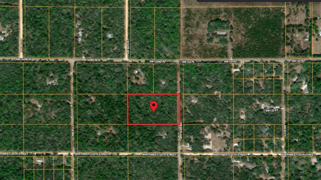 An aerial view shows a rectangular plot of land with its approximate dimensions labeled — NW 85TH AVENUE, CHIEFLAND, FL
