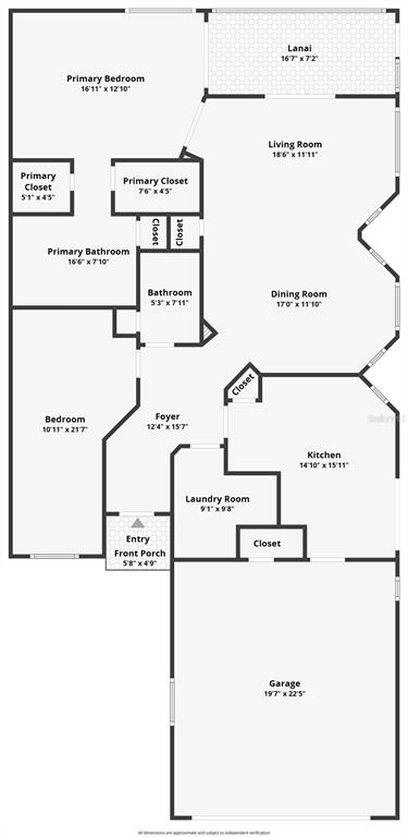 This floor plan shows a single-story home layout with a garage, lanai, and three bedrooms — 3008 SW 41ST PLACE, OCALA, FL