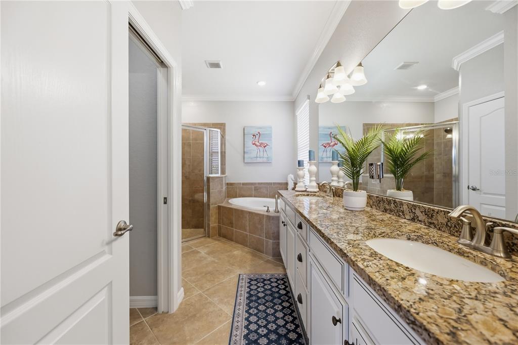 A bathroom features a granite-topped vanity, a corner soaking tub, and a glass-enclosed shower — 13834 VANCANZA DRIVE, VENICE, FL
