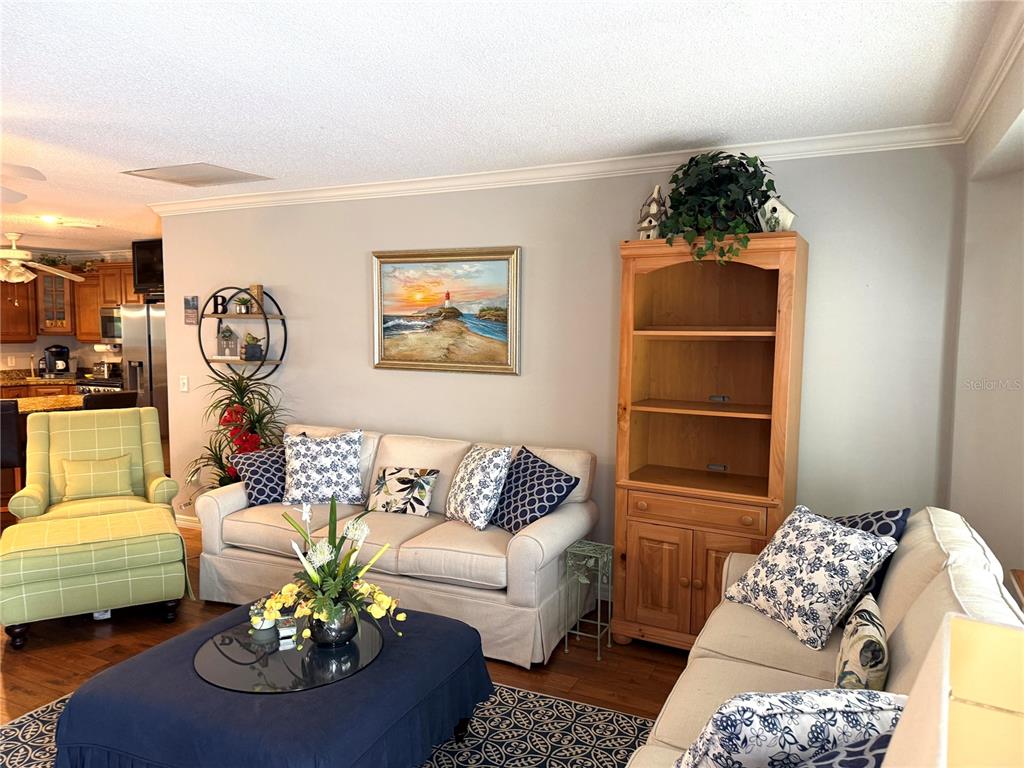 A living room features two beige sofas, a green plaid armchair, and a wooden bookshelf — 2417 TATUM TERRACE, THE VILLAGES, FL