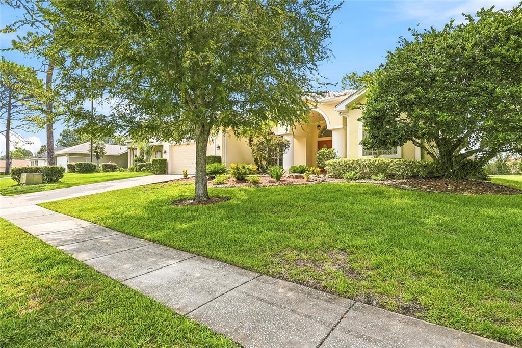 A single-story house with a beige exterior, a front lawn, and a paved driveway — 5326 LEGEND HILLS LANE, SPRING HILL, FL