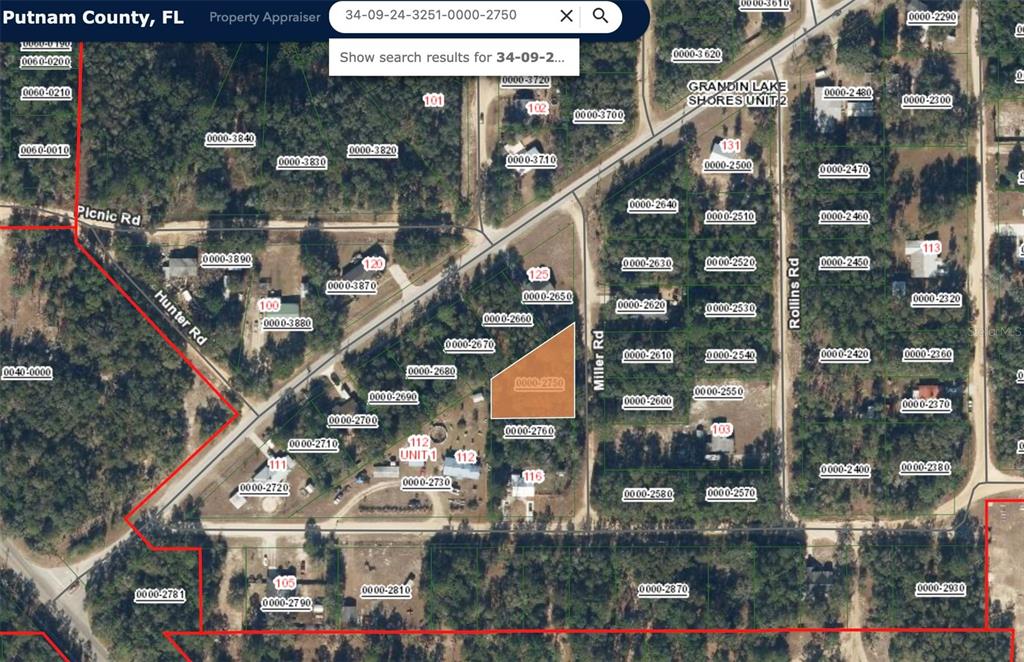 This is a property appraiser map showing a highlighted parcel of land in Florida — 00 MILLER ROAD, INTERLACHEN, FL