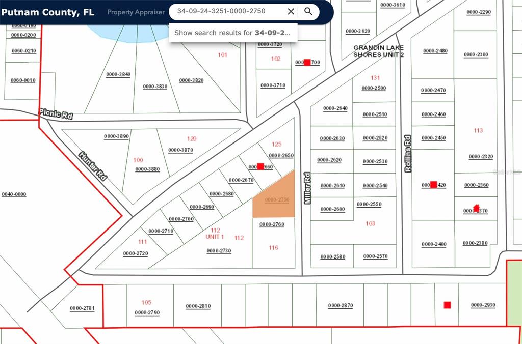 This is a property tax map showing parcel boundaries and road names in Putnam County — 00 MILLER ROAD, INTERLACHEN, FL