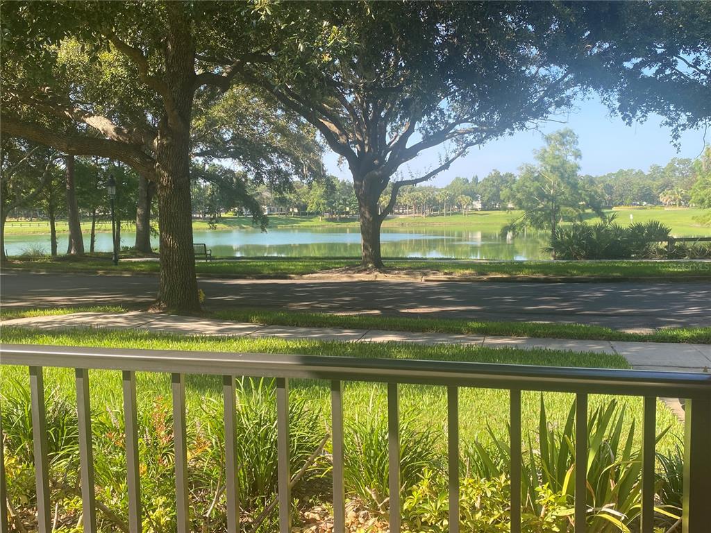 A view of a lake and trees from a porch with a metal railing — 108 W LAKE VICTORIA CIRCLE, DELAND, FL