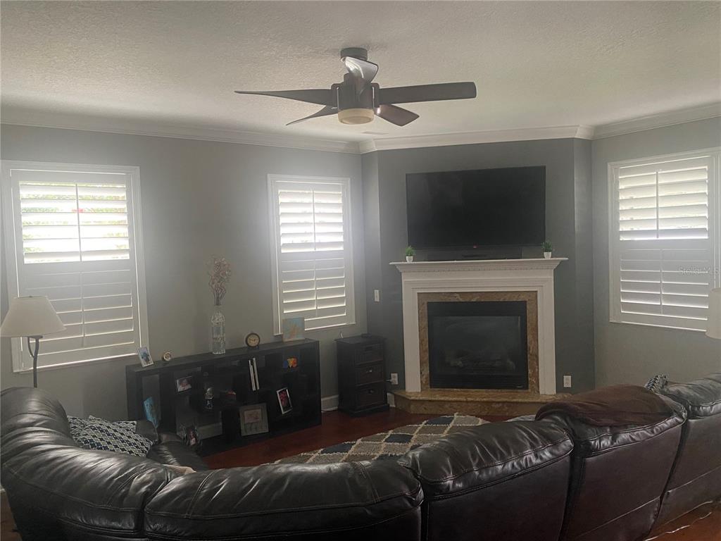 A living room features a corner fireplace with a mounted television and plantation shutters — 108 W LAKE VICTORIA CIRCLE, DELAND, FL