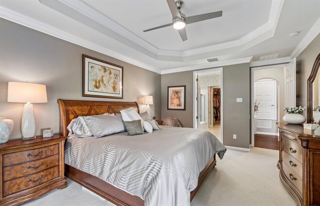 A bedroom features a wooden sleigh bed, gray walls, a tray ceiling, and a ceiling fan — 13800 CREST LAKE DRIVE, HUDSON, FL