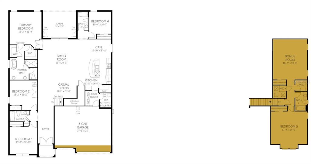 This floor plan shows a single-story home layout with an additional upper-level bonus room — 4452 FIREFLY LANE, ST CLOUD, FL