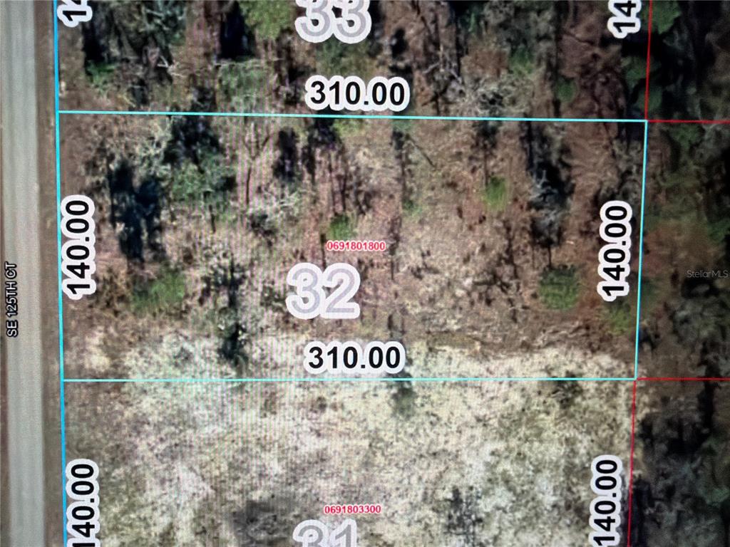 This is an aerial map showing the property boundaries and dimensions of a rectangular land parcel — 0 SE 125TH COURT, DUNNELLON, FL