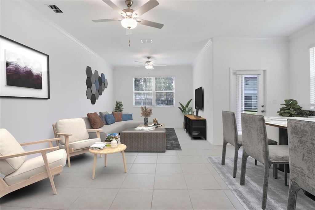 This is a digital rendering of an open-concept living and dining area with tile flooring — 30687 VERIDIAN WAY, WESLEY CHAPEL, FL