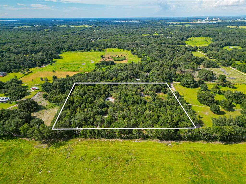 An aerial view shows a rectangular, tree-covered plot of land outlined in white — SE 29TH BLVD, SUMTERVILLE, FL