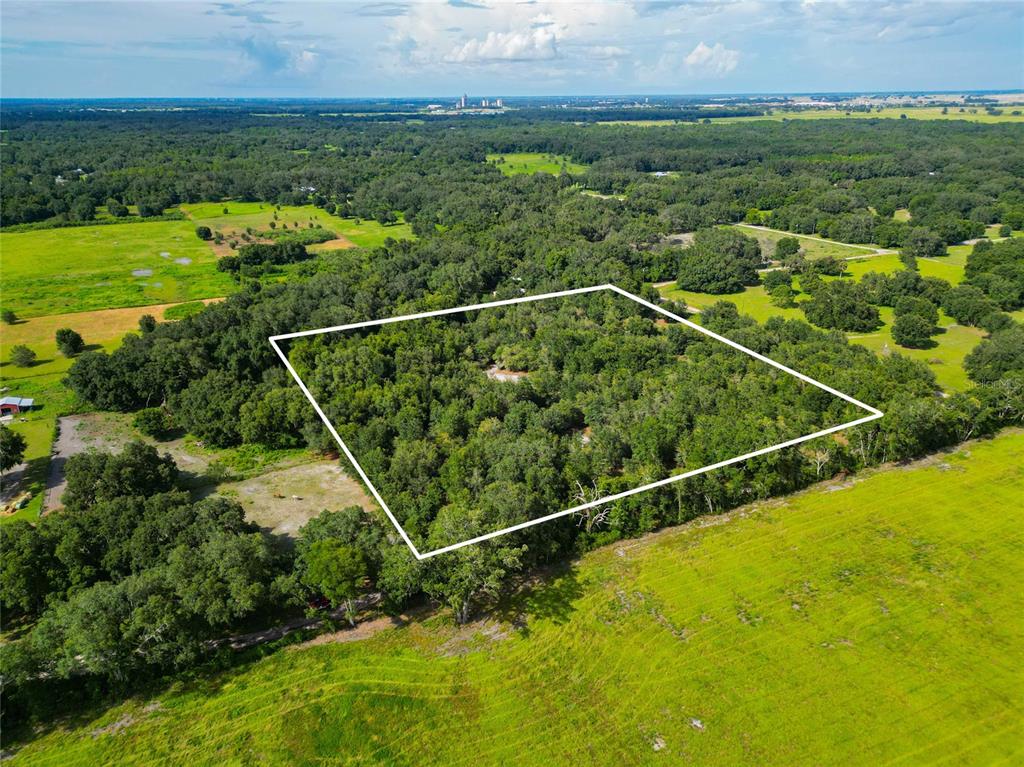An aerial view shows a rectangular plot of land outlined in white amidst wooded terrain — SE 29TH BLVD, SUMTERVILLE, FL