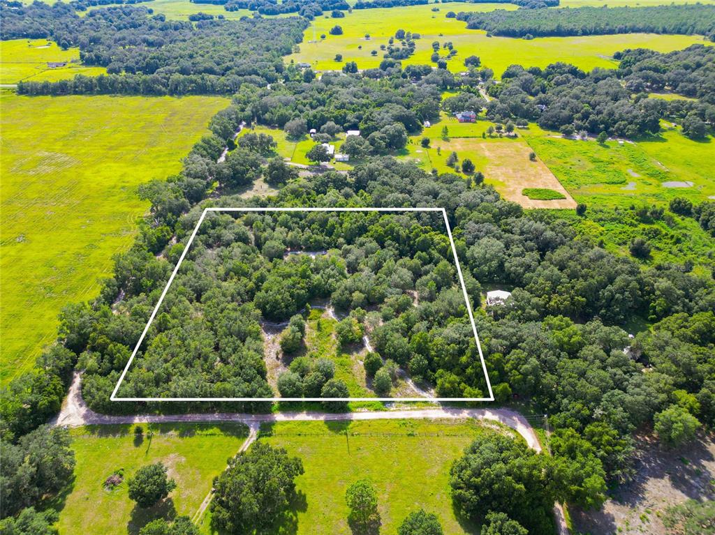 An aerial view shows a rectangular plot of wooded land outlined in white — SE 29TH BLVD, SUMTERVILLE, FL