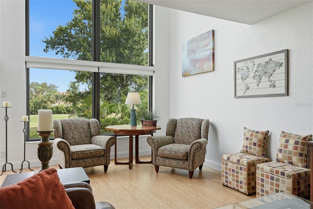 A living room features two patterned armchairs, two matching ottomans, and a large floor-to-ceiling window — 5619 ESCONDIDA BOULEVARD S, ST PETERSBURG, FL