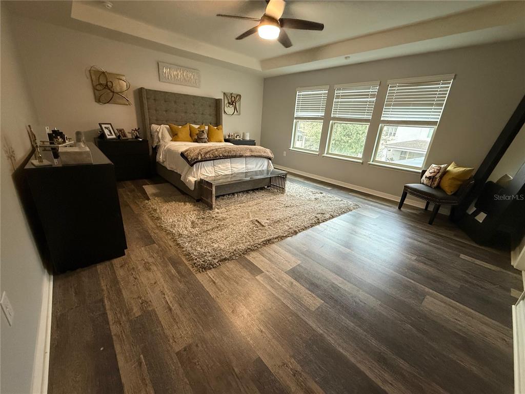 A spacious bedroom features wood-look flooring, a tufted headboard, and three large windows — 9150 OUTLOOK ROCK TRAIL, WINDERMERE, FL