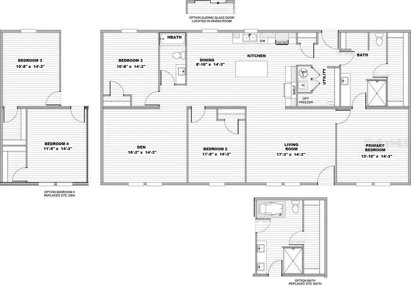 This floor plan shows a multi-bedroom home layout with a central kitchen, living area, and utility — 8060 NW 189TH AVENUE, OKEECHOBEE, FL