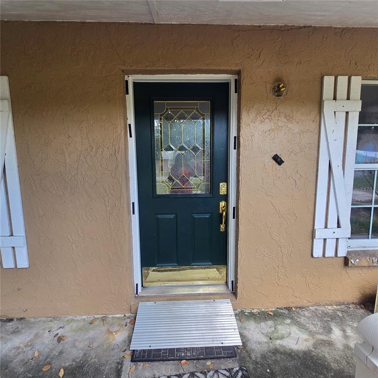 A dark green front door with a glass insert sits on a tan stucco exterior — 5127 BLACK BIRCH TRAIL, MULBERRY, FL