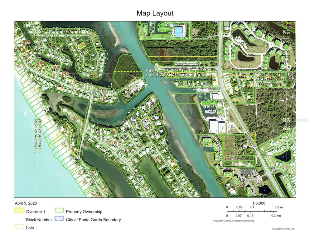 This is a map layout showing property boundaries and land parcels in a coastal area — 14 BAYSHORE CIRCLE, PLACIDA, FL