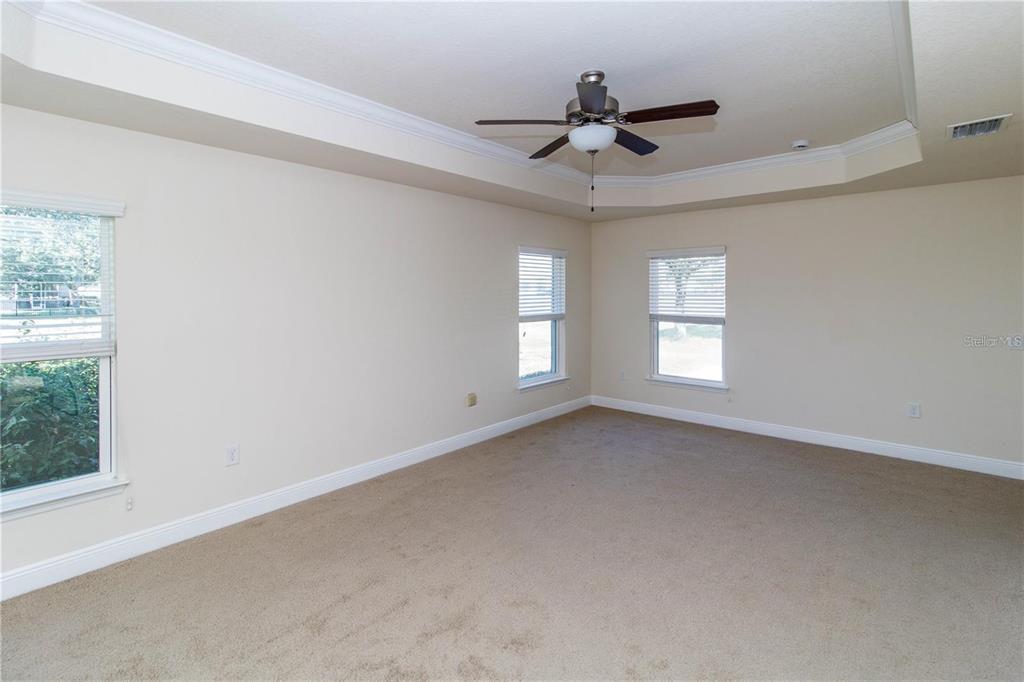 An empty bedroom with beige carpet, a tray ceiling, a ceiling fan, and three windows — 13541 NITI DRIVE, HUDSON, FL