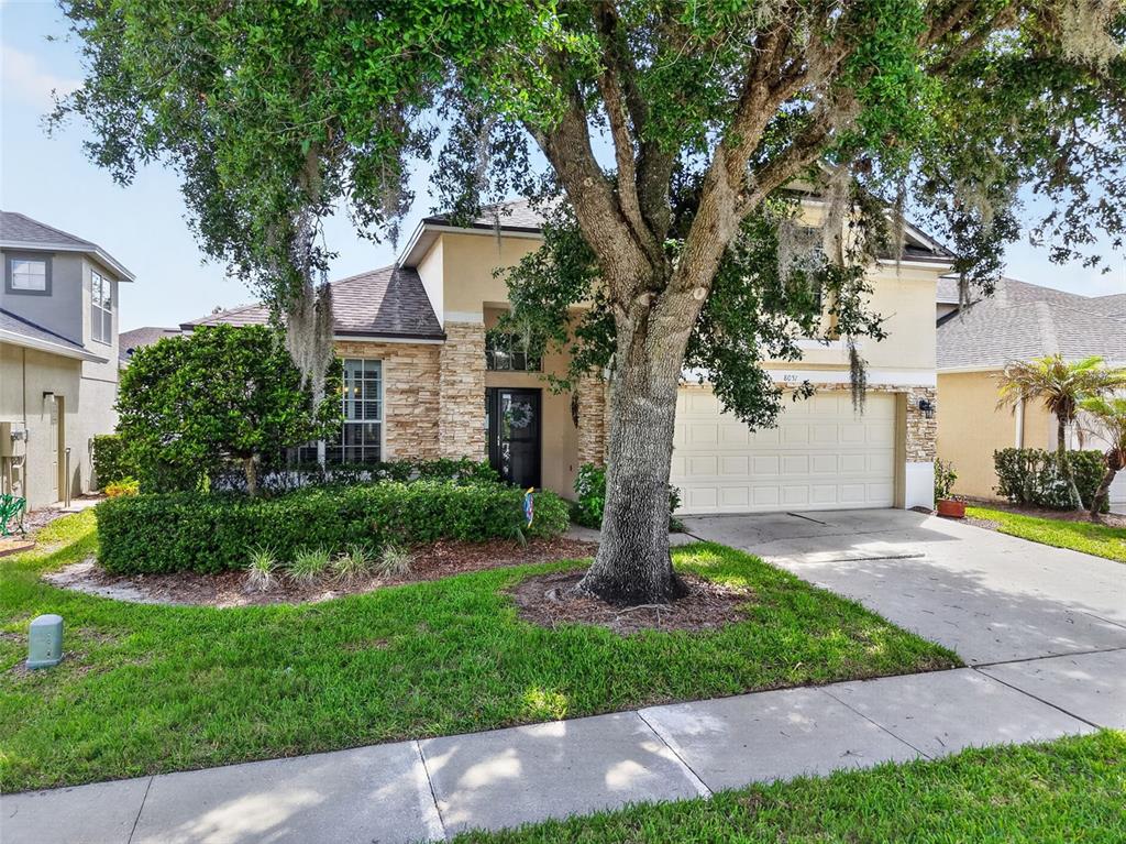 A two-story house with a stone facade, a two-car garage, and a large oak tree — 8051 SAINT JAMES WAY, MOUNT DORA, FL