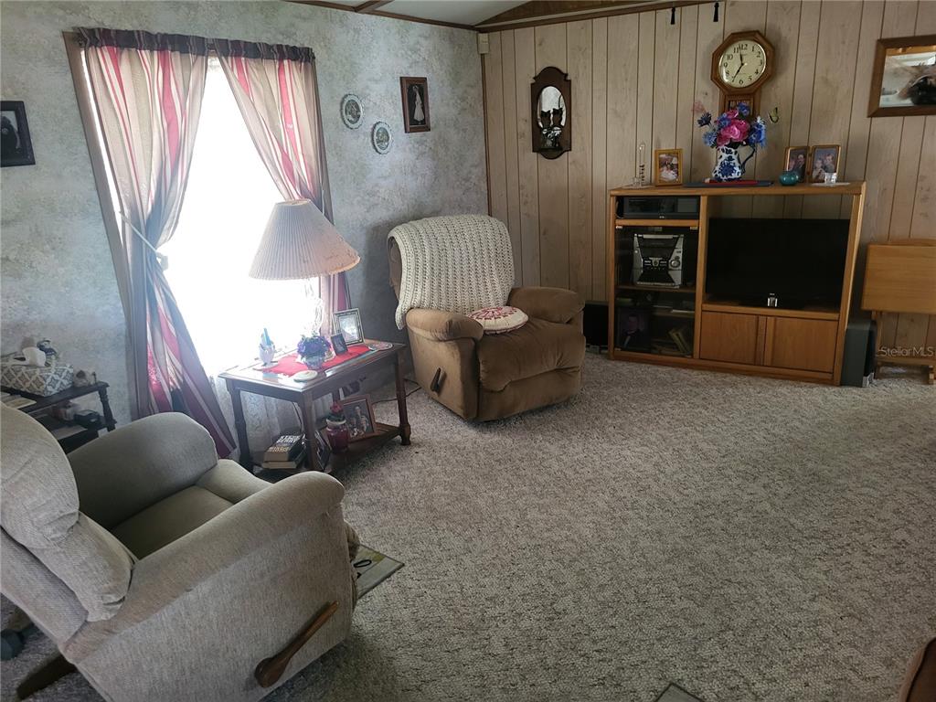 A living room features beige carpet, wood-paneled walls, two recliners, and a wooden entertainment center — 2144 LOIS BOULEVARD, LAKE ALFRED, FL