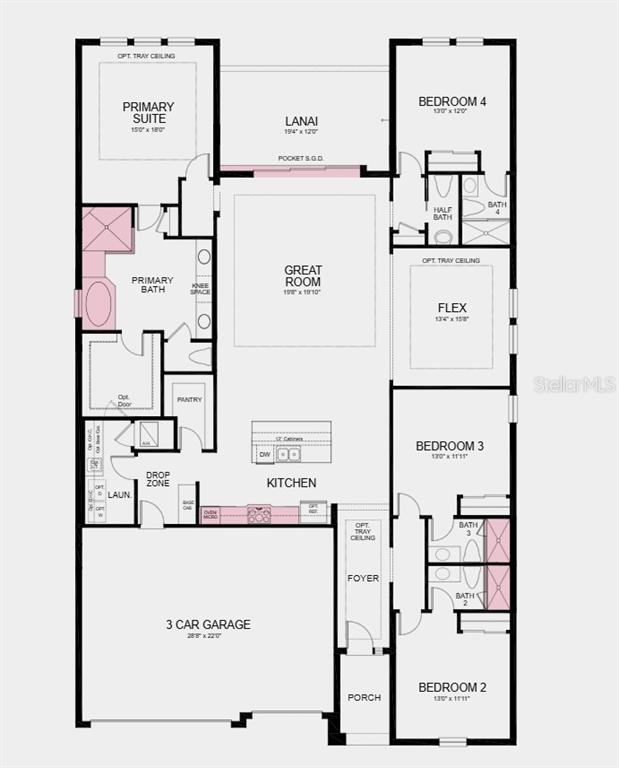 This is a floor plan for a single-story house with four bedrooms and a garage — 12533 WHARF TERRACE, PALMETTO, FL
