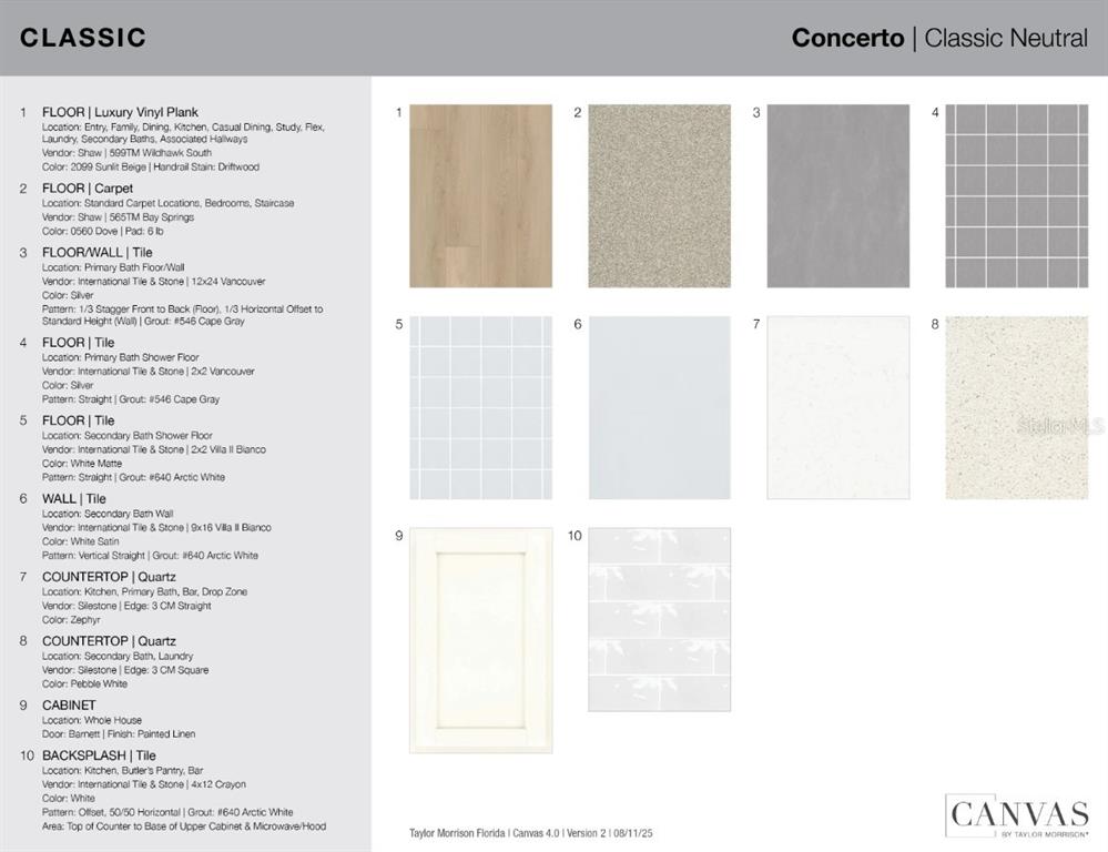 This document displays a selection of interior finish materials for a home design package — 12533 WHARF TERRACE, PALMETTO, FL
