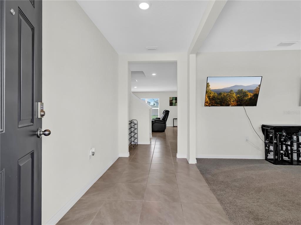 An entryway with tile flooring leads to a living area with carpet and a television — 16531 WINDMILL FORGE PASS, WIMAUMA, FL