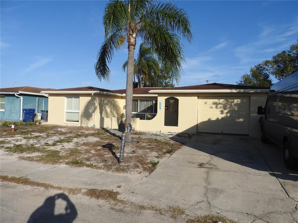 A single-story house with a palm tree, a concrete driveway, and a garage — 1324 VIKING DRIVE, HOLIDAY, FL