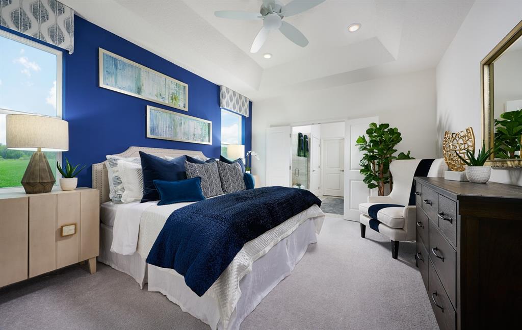 A bedroom features a blue accent wall, a tray ceiling, and a dark wood dresser — 2248 SIRENA LANE, MOUNT DORA, FL
