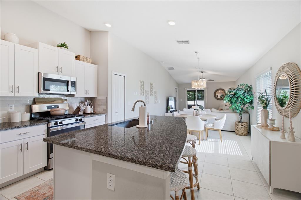 A kitchen with white cabinets and a curved granite island opens into a living area — 10331 BLUE PLUME COURT, RIVERVIEW, FL