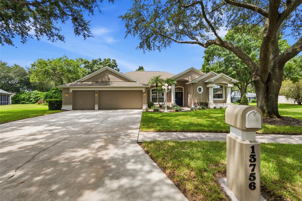 A single-story house with a beige stucco exterior, a three-car garage, and a landscaped yard — 13756 DOWLING LANE, ODESSA, FL