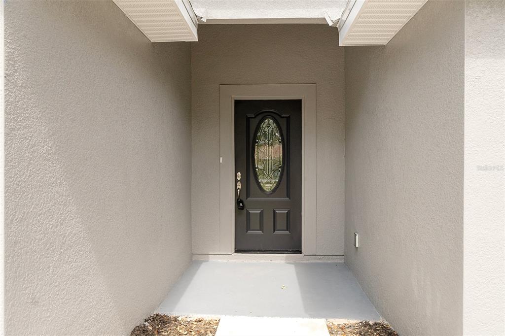 A dark front door with an oval glass insert is set within a covered entryway — 4855 E PRINCETON LANE, HERNANDO, FL